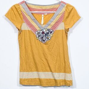 Anthropologie Little Yellow Button Top Size XS Yellow Cap Sleeves Embroidered